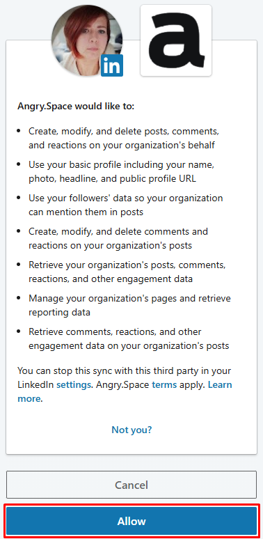 Granting permissions to an app on LinkedIn